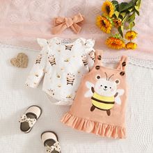 可爱婴儿蜜蜂蝴蝶灯芯绒背带裙+长袖三角连体衣+发带秋冬女孩套装