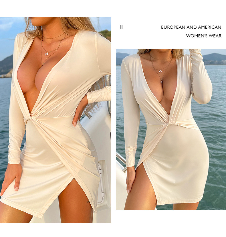 sexy deep V elastic solid color slim milk silk long-sleeved dress nihaostyles wholesale clothing NSGHW83877