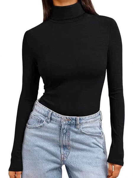 Amazon High-Neck Stacked Collar Long-Sleeve T-Shirt Base Shirt for Women, Aliexpress Southeast Asia Cross-Border Solid Color Slim-Fit Top