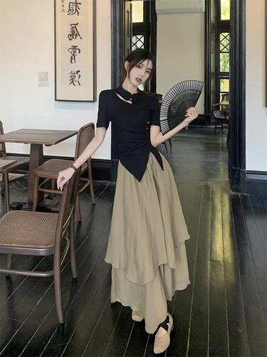 Chinese-style design sense irregular hollow short-sleeve top with high-waisted skirt women's summer two-piece set