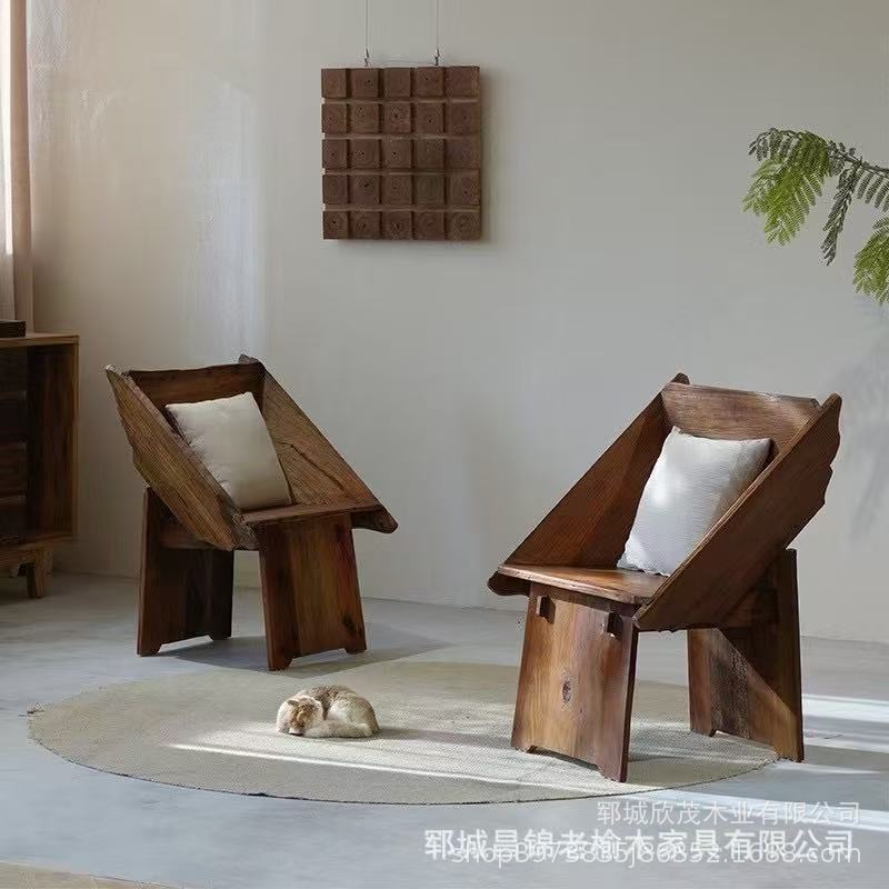 跨境诧寂风实木休闲椅民宿靠背板凳复古老榆木异形餐椅庭院咖啡|undefined