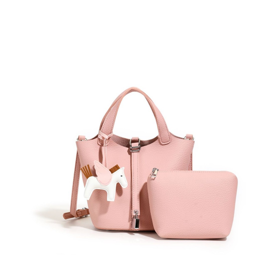 跨境纯色高端半蜡线菜篮子包小号子母包手提水桶女包单肩包斜挎女