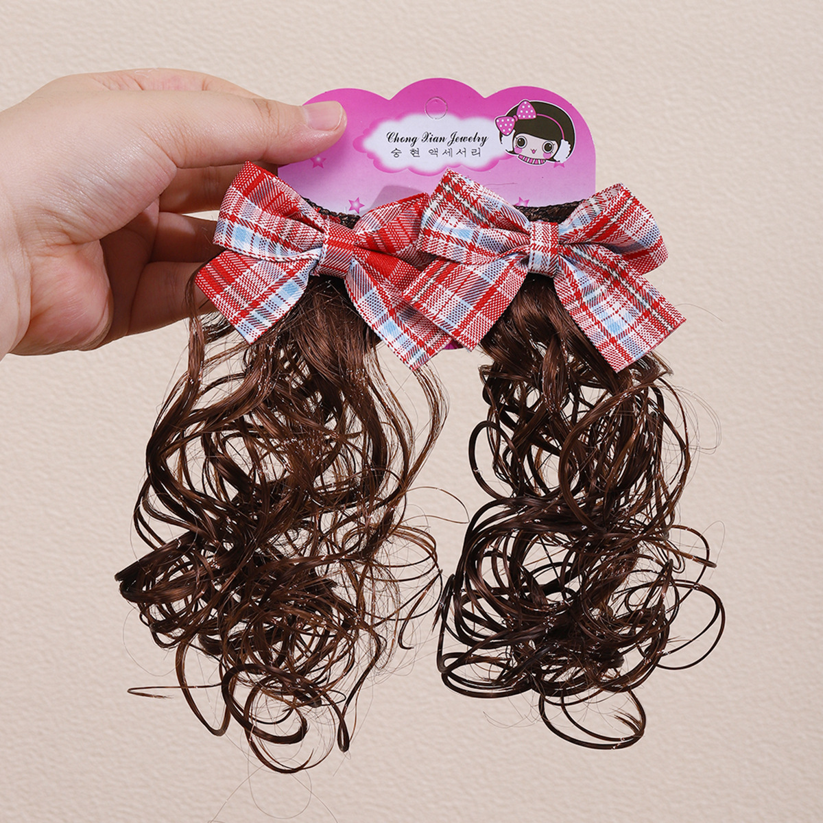 Niños pelucas de cabello trenzas de arco de cuadrícula coreana bola cabeza de cabello de cabello de niñas un par de paquetes