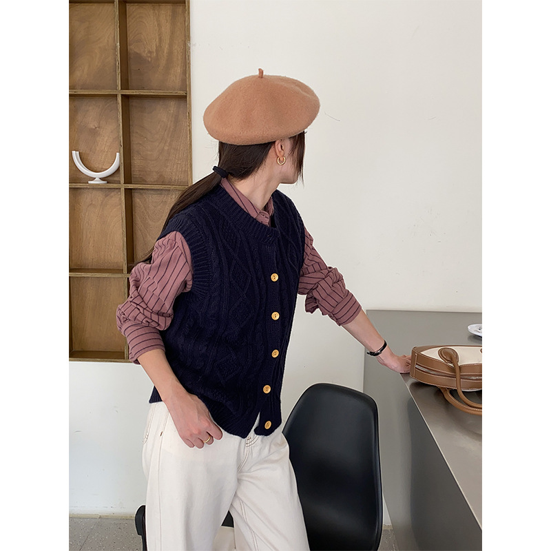 3th mañana estilo francés botón antiguo giro textura apilados punto chaleco cardigan ZY1090