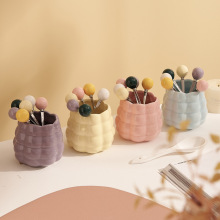 新款轻奢奶油风陶瓷果叉罐水果叉高颜值收纳罐家用多用途摆件批发