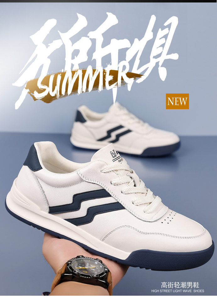 Giày sneaker nam da bò thật phối màu tương phản, cổ thấp, đế bệt — Màu trắng, Màu đen chi tiết 5