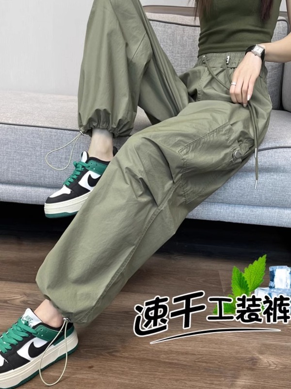 军绿色美式速干工装裤女夏季薄款束脚裤子高腰显瘦休闲抽绳阔腿裤|undefined