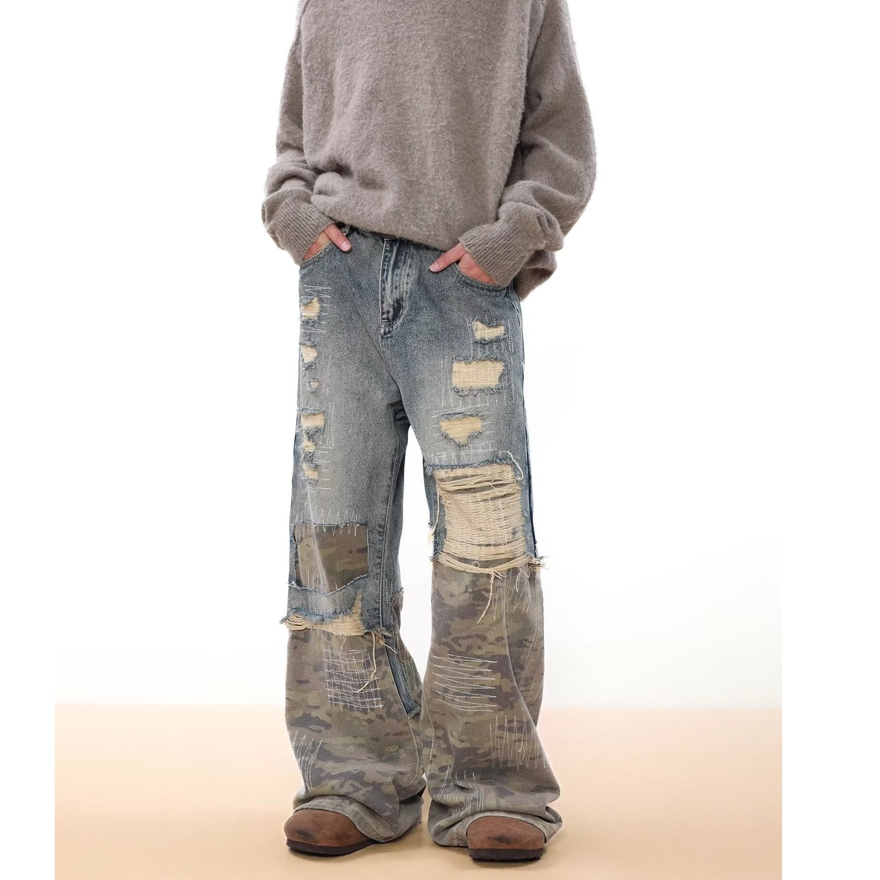 Pantaloni estivi da uomo, patchwork mimetico, denim blu, stile americano, jeans vintage lavati e resistenti, effetto invecchiato._voghion.com