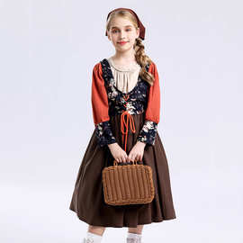 外贸货源中世纪田园风农场女童连衣裙复古油画风万圣节儿童服装