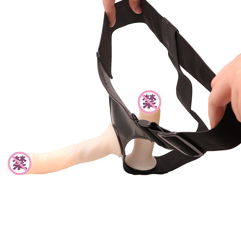 Double-Headed Wearable Strapless Dildo Harness Pants in Soft PVC Skin Tone — detail image 3