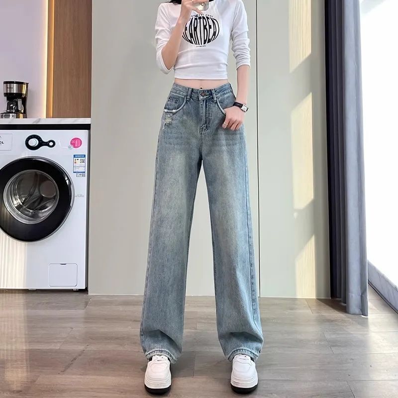 T5C浅蓝色高街破洞阔腿牛仔裤女宽松春夏季新款高腰直筒显瘦拖地|undefined
