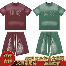 跨境欧美新款跨境Lost intricacy 新款烫钻洗水短袖短裤男T恤短裤