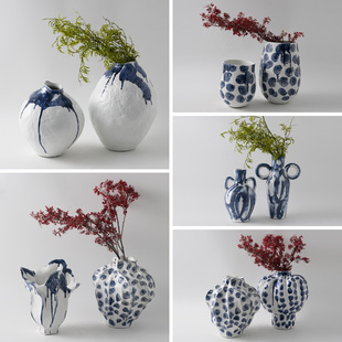 Modern High-End Ceramic Vase Ornaments Blue Hand-Painted Special-Shaped Flower Ware Model Room Hotel B&B Flower Arrangement Decoration