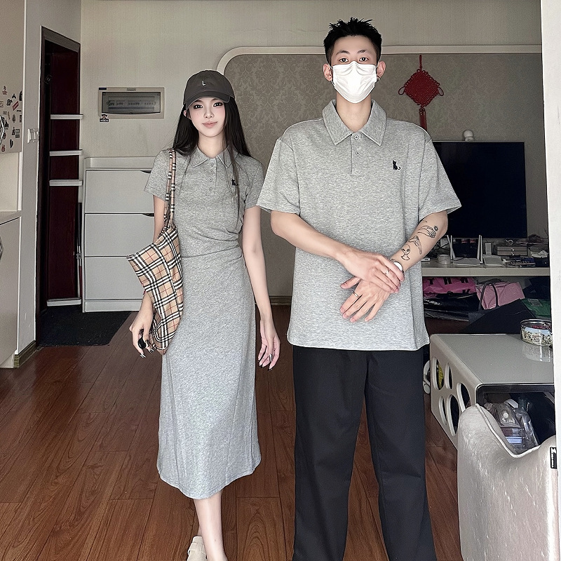 2025 Summer New Couple Outfit Short Sleeve Women's Slim Dress Men's T-Shirt Short Sleeve