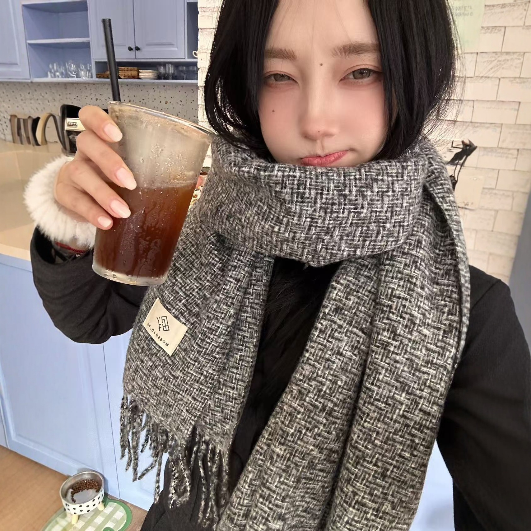 新款韩系细格纹格仿羊绒围巾女冬季保暖流苏披肩百搭学生情侣围脖