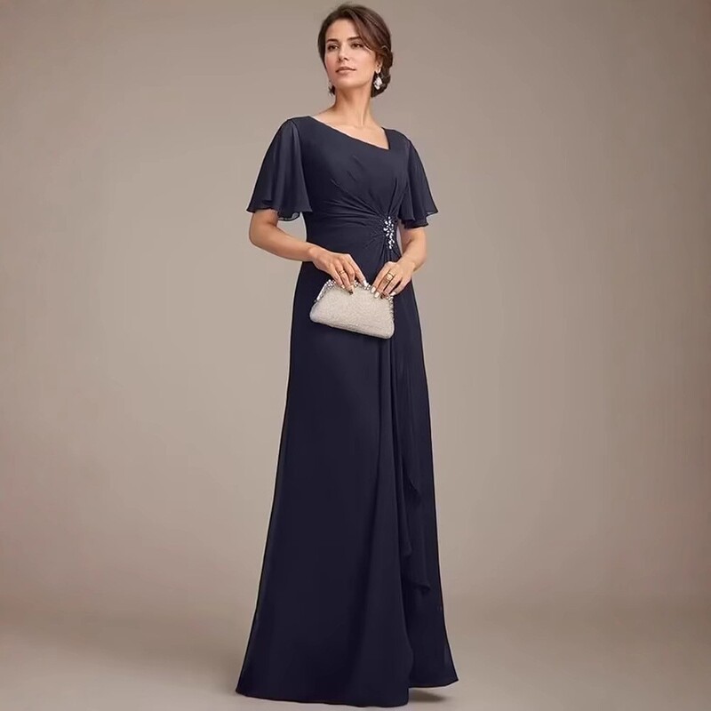 Amazon Chiffon Mother of the Bride Dress with Butterfly Short Sleeves, Long Ruched Appliqué Wedding Guest Dress