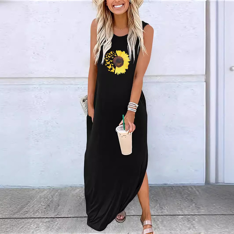 Cross-border Foreign Trade Amazon Hot Sunflower Printed Pattern Loose Long Sleeveless Side Bag Vest dress