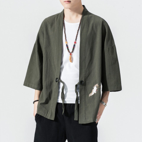 Verano estilo chino pluma tejida túnica Hanfu hombres cárdigan algodón y lino kimono japonés lino camisa de manga tres cuartos