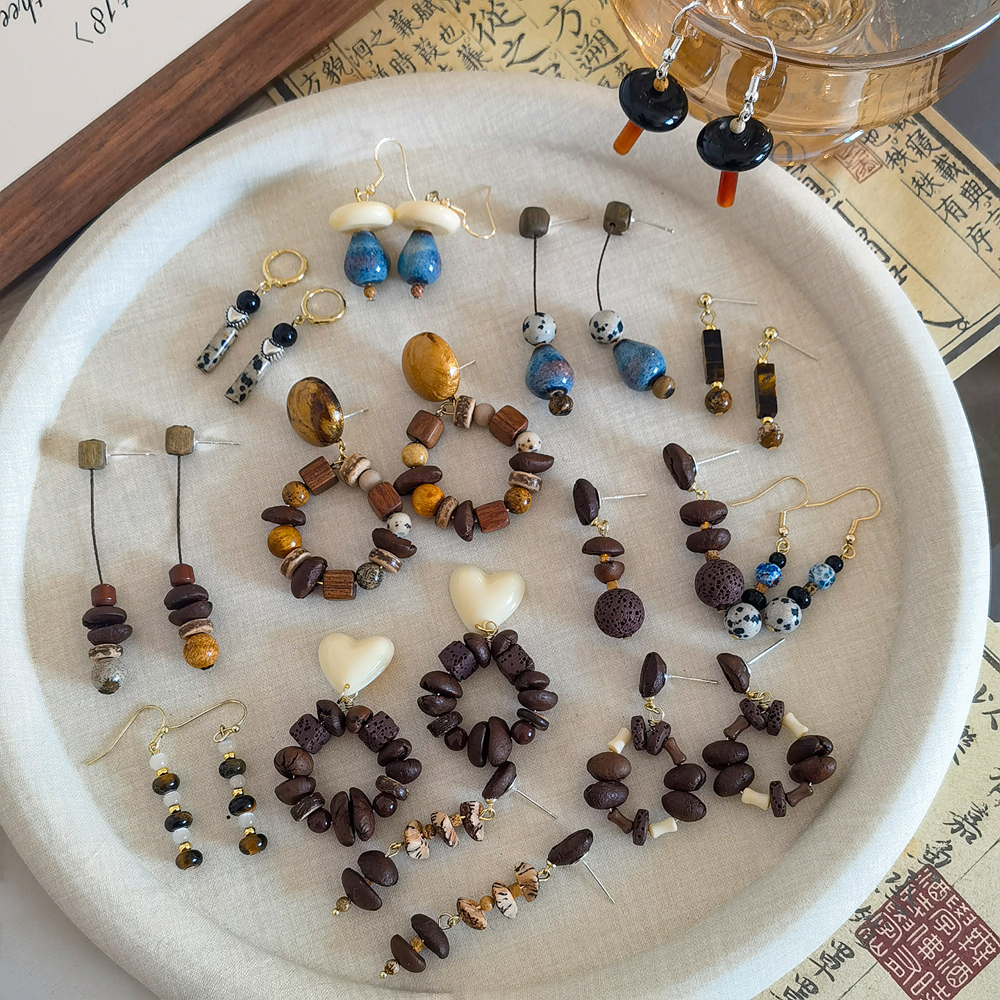 original design natural stone real coffee bean ceramic handmade earrings collection niche design coffee ear studs earrings