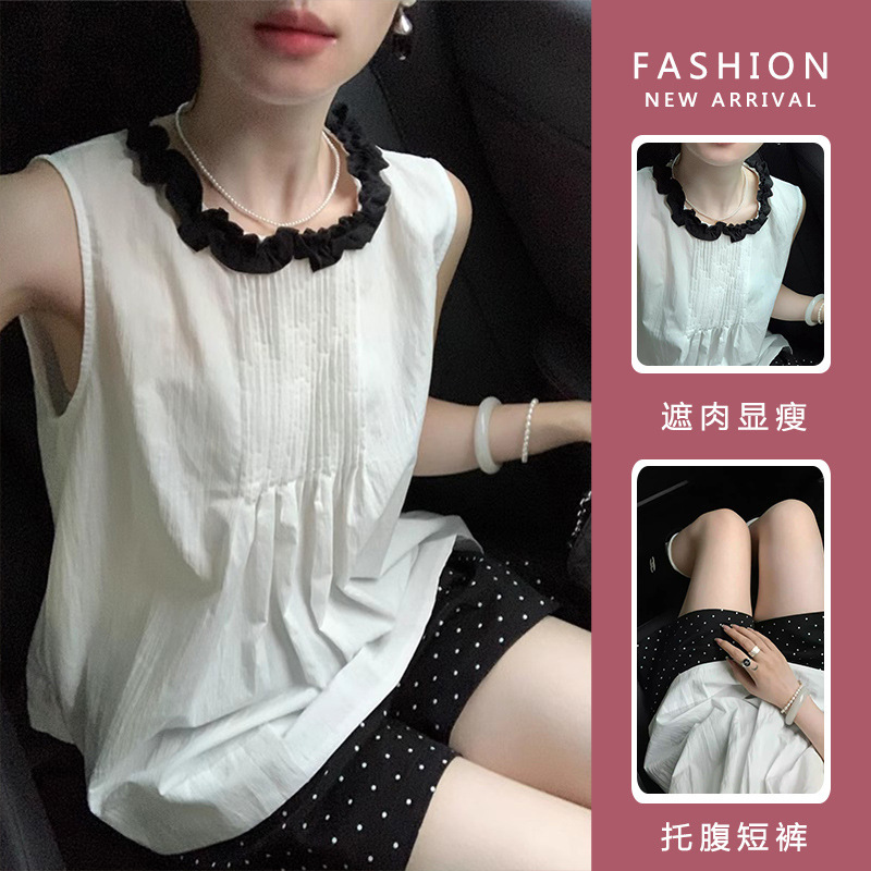 Pregnant Women's French White Pleated Fungus Vest Shirt + Polka Dot Elegant Black Shorts Set