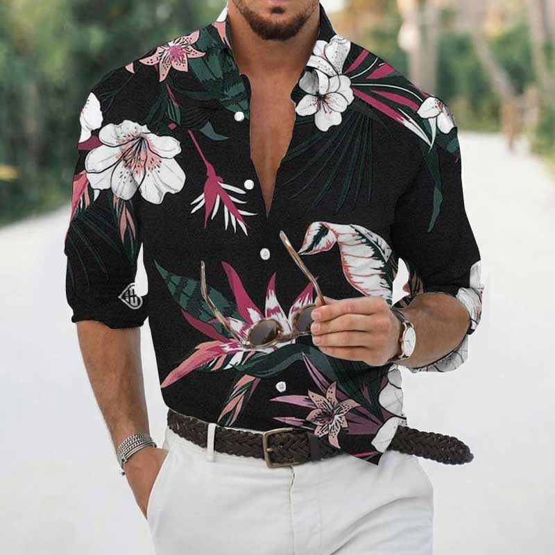 Transfronterizo 2025 primavera y otoño nuevo estilo de los hombres europeos y americanos más el tamaño de la camisa con estampado de plantas de rosas de manga larga