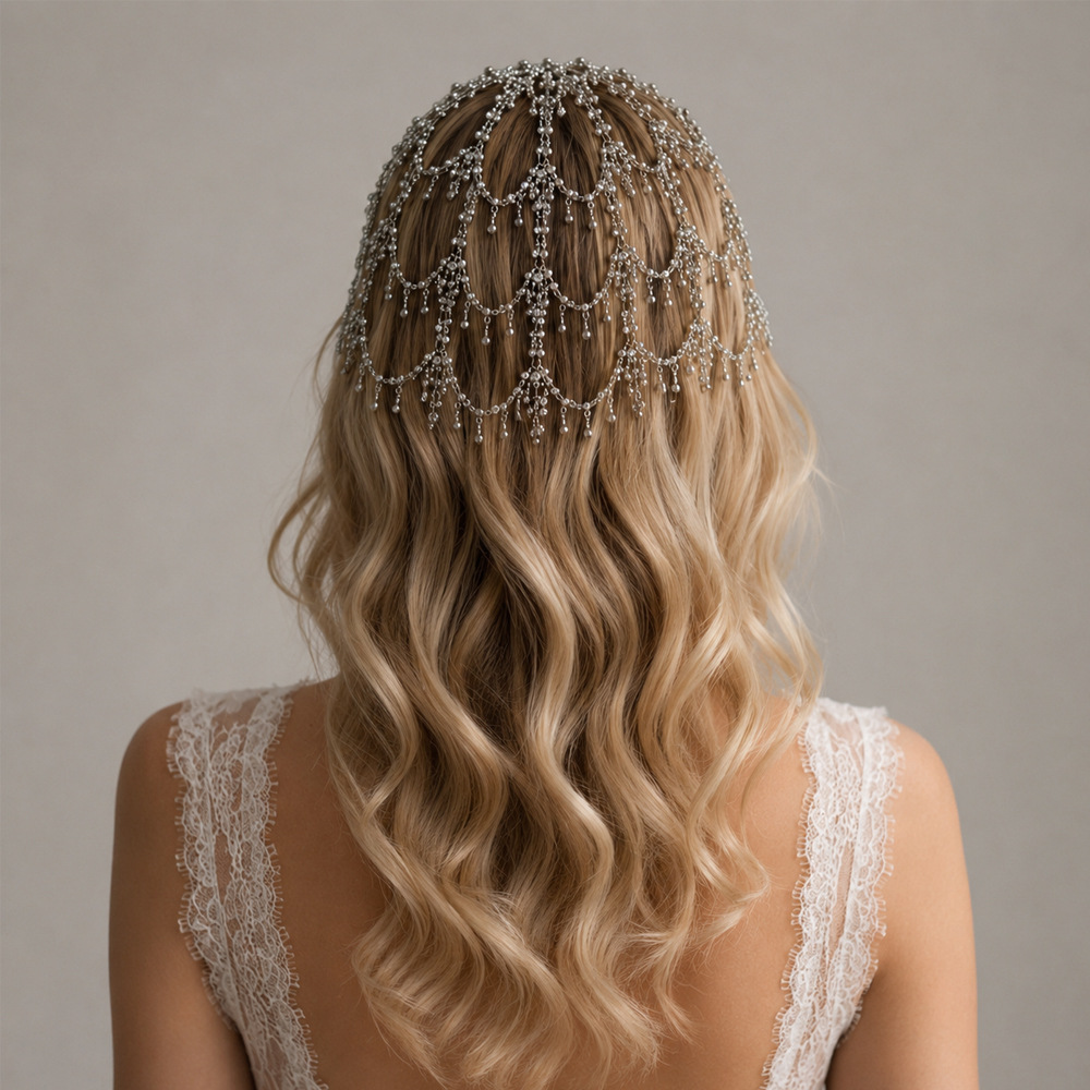 Foreign Trade Hot-Selling Multi-Layer Tassel Hair Chain, Light Luxury Rhinestone Mesh Headpiece, High-End Elegant Bridal Evening Hair Accessory