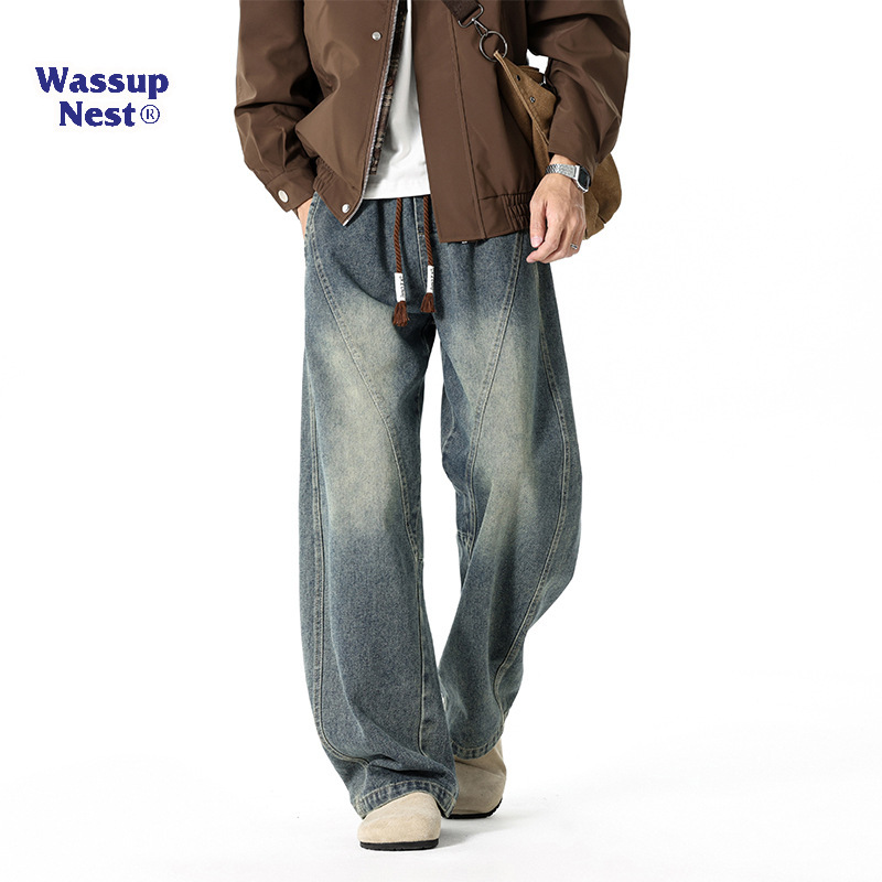 Wassupnest Popular Retro Washed Wide-Leg Jeans for Men, Spring and Autumn American Style Loose Fit Long Pants Wassupnest Popular Retro Washed Wide-Leg Jeans for Men, Spring and Autumn American Style Loose Fit Long Pants