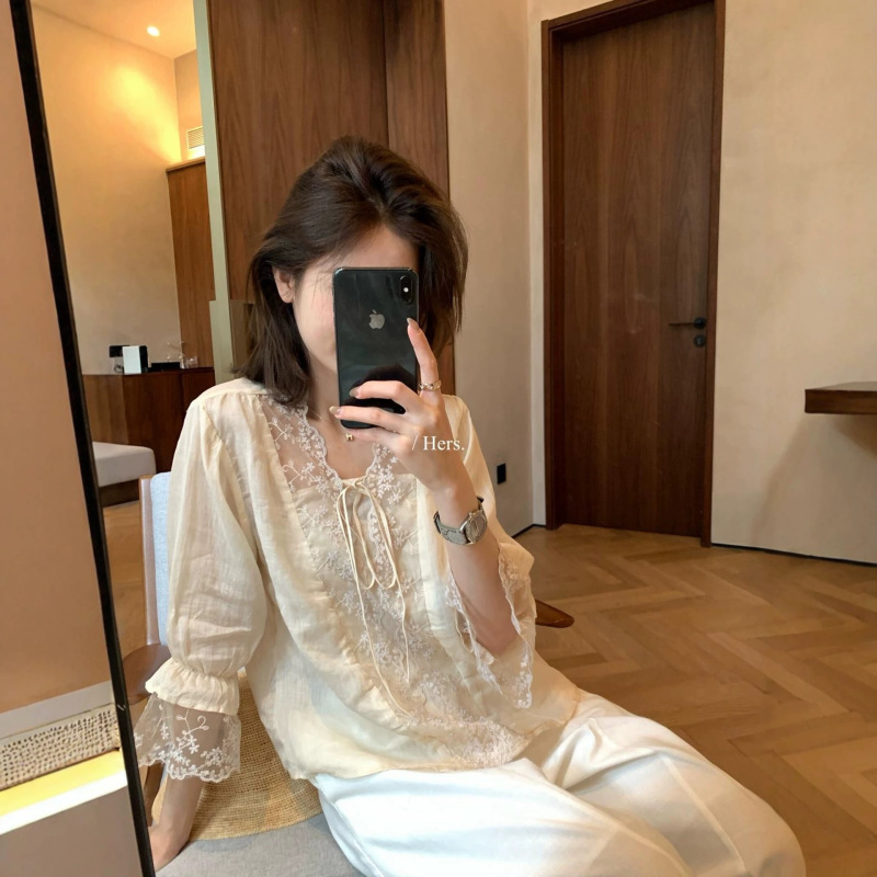 Hers Sweet Summer French Style Lace Patchwork Versatile Tie V-Neck Long Sleeve Blouse Women's Clothing 08214 Hers Sweet Summer French Style Lace Patchwork Versatile Tie V-Neck Long Sleeve Blouse Women's Clothing 08214