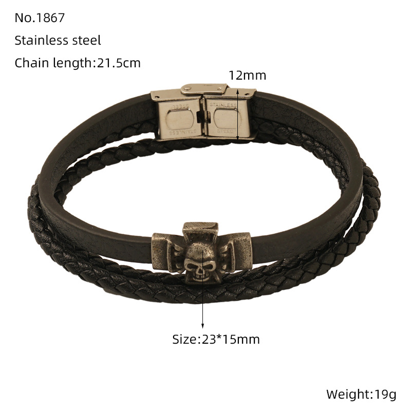 Brazalete de cráneo de acero inoxidable para hombres, estilo europeo y americano, personalidad de los estudiantes, simple pulsera de cuero multicapa para hombres