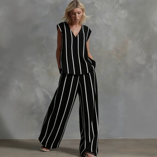26 European and American Cross-Border Hot-Selling New European and American Style Sleeveless Striped Wide-Leg Pants Set Summer Casual Fashion Two-Piece Set 26 European and American Cross-Border Hot-Selling New European and American Style Sleeveless Striped Wide-Leg Pants Set Summer Casual Fashion Two-Piece Set