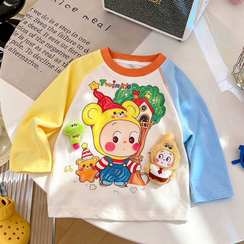 Color-blocked cartoon star doll treehouse print children's long-sleeved T-shirt, autumn Korean style, versatile pure cotton baby top