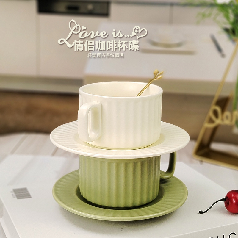 Nordic Striped Cross-border Ceramic Cup and Saucer Solid Color Simple Coffee Cup High Color Value Accompanying Gift Tea Cup Diet suit Nordic Striped Cross-border Ceramic Cup and Saucer Solid Color Simple Coffee Cup High Color Value Accompanying Gift Tea Cup Diet suit