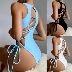 2024 New Sexy European and American Solid Color Strappy Swimsuit Women's Foreign Trade Triangular Belly Covering Beach Bikini Swimwear Wholesale