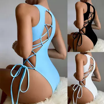 2022 new sexy European and American pure color lace-up swimsuit ladies foreign trade triangle beach bikini swimsuit wholesale - ShopShipShake