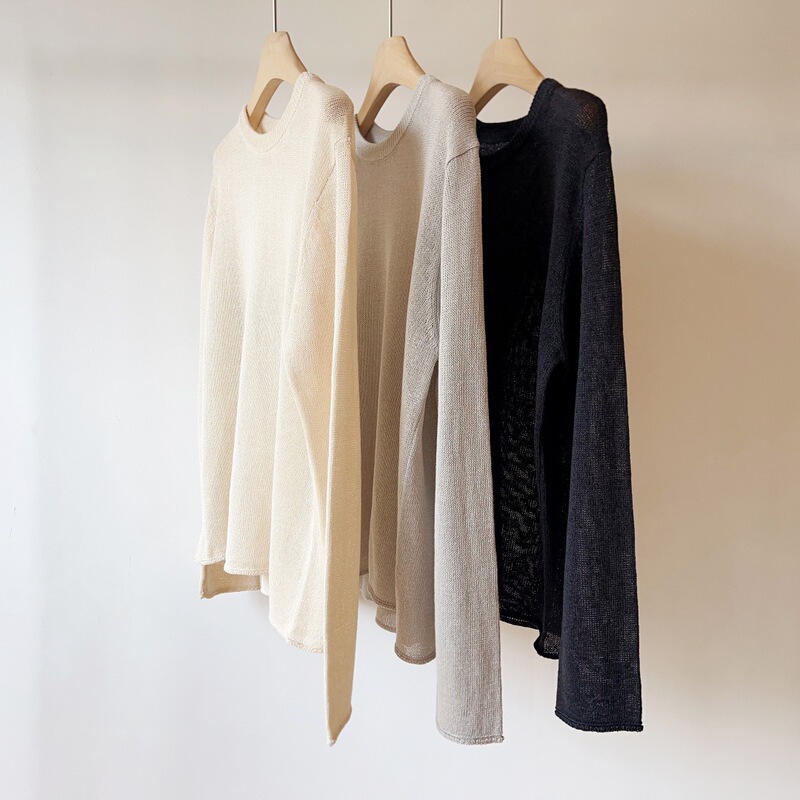 Japanese Paper Yarn! Minimalist Pullover Loose Round-Neck Rolled-Edge Long-Sleeve Knit Top, Breathable and Not Stuffy, Sun-Protective T-Shirt