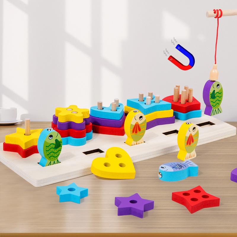 La forma del tablero logarítmico de pesca de madera para niños combina la computación multifunción educación temprana cognición bloques de construcción educativos para niños Juguetes