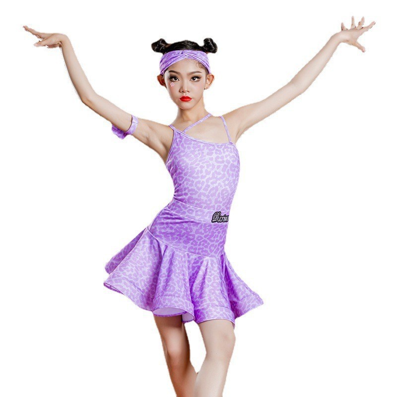 Girls purple leopard Latin Dance Dresses summer uniforms ballroom salsa Latin dance training costumes kids
