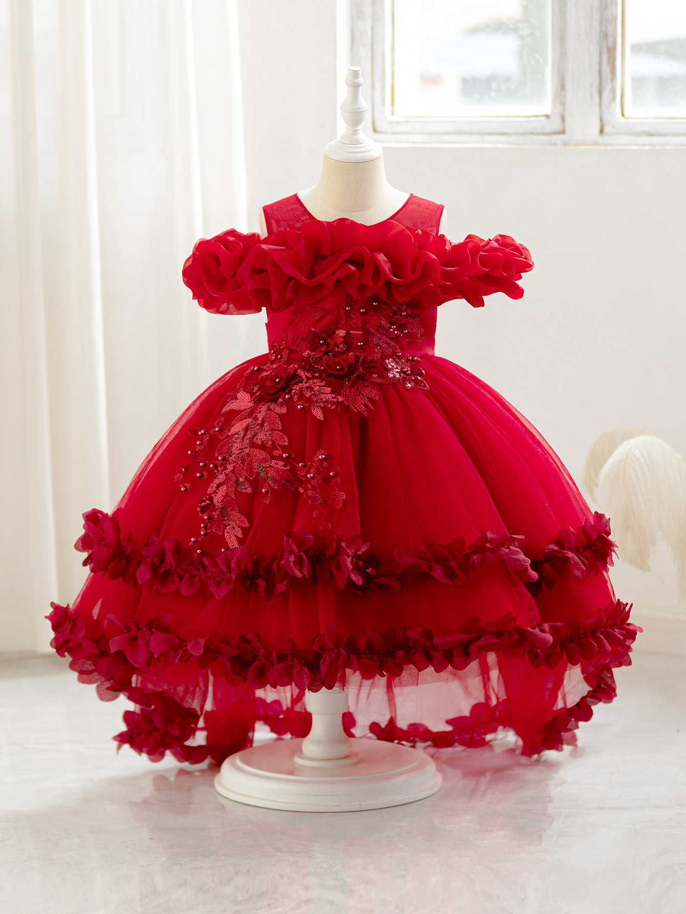 Children's skirt, evening dress, solid color three dimensional small princess costume, open shoulders, special occasion clothing 3