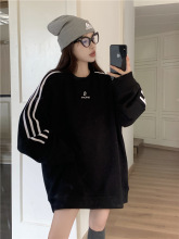 条纹刺绣长袖卫衣女秋季韩版2025新款情侣宽松中长款运动休闲上衣