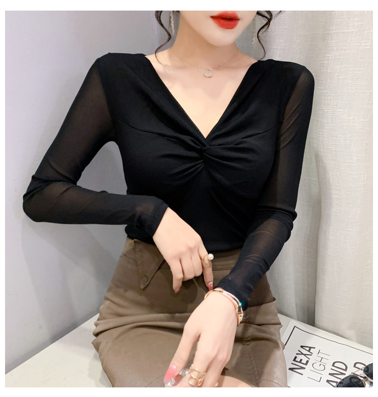 T-shirt da donna slim in rete a maniche lunghe con camicia slim a fondo incrociato_voghion.com