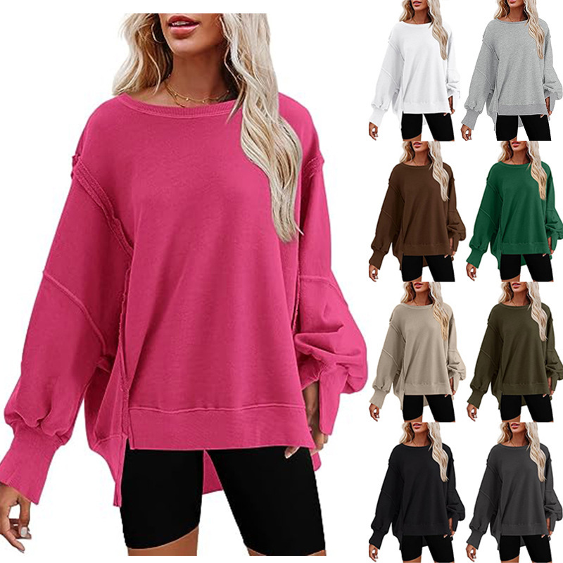 European and American Clothing 2023 Autumn and Winter New Amazon Women's Oversized Round Neck Sweatshirt Side Slit Long-Sleeved Sweatshirt for Women