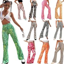 X6043欧美跨境女装亚马逊潮流数码印花喇叭弹力长裤显瘦立体印花