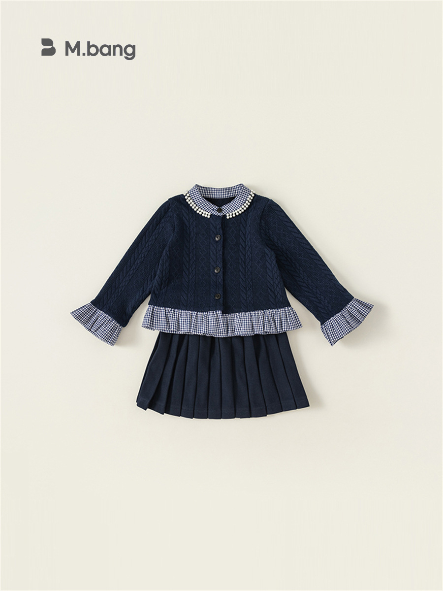 Conjunto de Dos Piezas de Ropa Infantil Bangxuan para Primavera y Otoño, Estilo Universitario, Cárdigan de Punto con Mangas con Volantes y Falda Plisada para Niñas