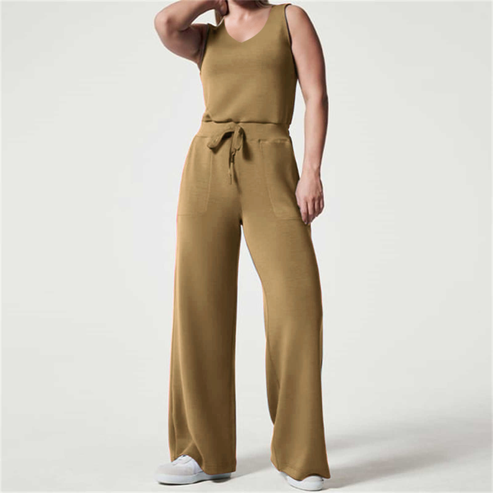 2023 primavera y verano nuevo versátil moda europea y americana adelgazamiento ocasional de las mujeres sin mangas color sólido V-cuello pantalones jumpsuit