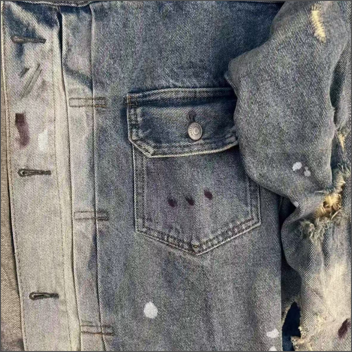 Vintage Denim Jacket With Graffiti Print Distressed High Street_voghion.com
