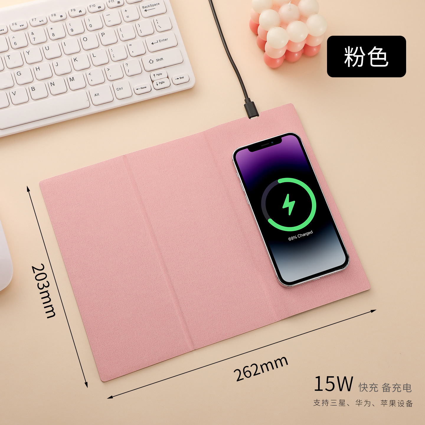 Alfombrilla de ratón con carga inalámbrica 15W, PU antideslizante, oficina comercial, personalizable