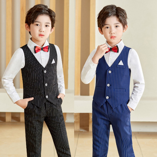 Spring Children's Costume for Boys Gentleman Suit Children Baby Birthday Performance Dress Vest and Trousers Striped Set White Collared Shirt