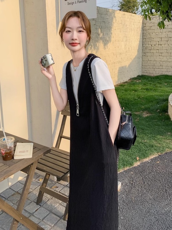 53241 # 黒 V ネックベストドレス Tシャツセット女性の夏の新しいカジュアルルーズロングスカートスカート|undefined