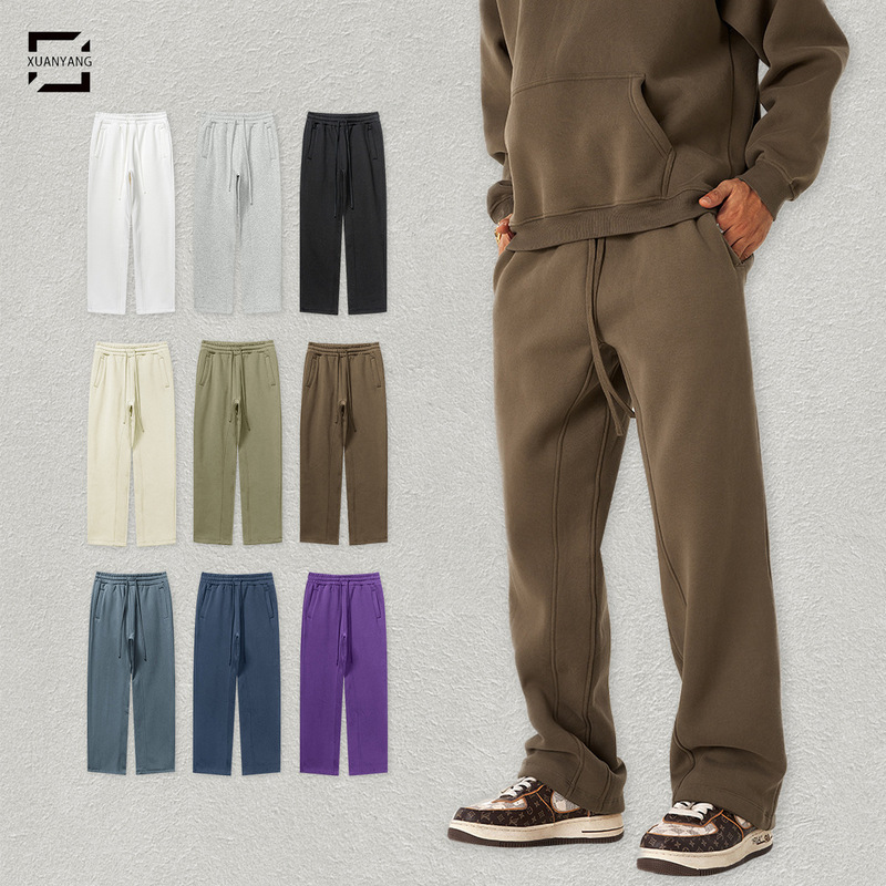 Men's 2024 Fall/Winter Youth Solid Color Loose Sports Pants fleece-lined Thickened Straight Pants Casual Sweatpants Men's Custom
