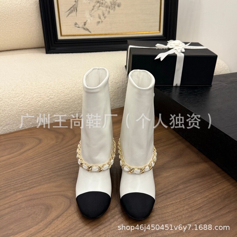 高版25秋冬新款真皮粗跟中筒裤管靴小香风时尚金属链条高跟中筒靴|undefined